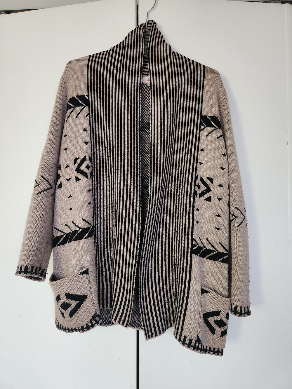 Pixley Taupe and Black Open-Front Aztec Knit Cardigan